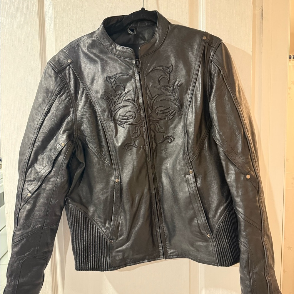 Black Leather Jacket with Embroidered Design